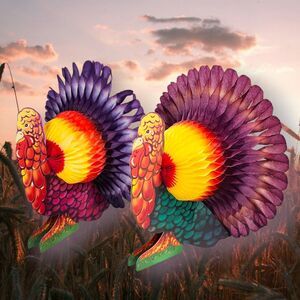 Pair Vintage Thanksgiving Honeycomb Turkeys Centerpieces Purple Plumage 13"